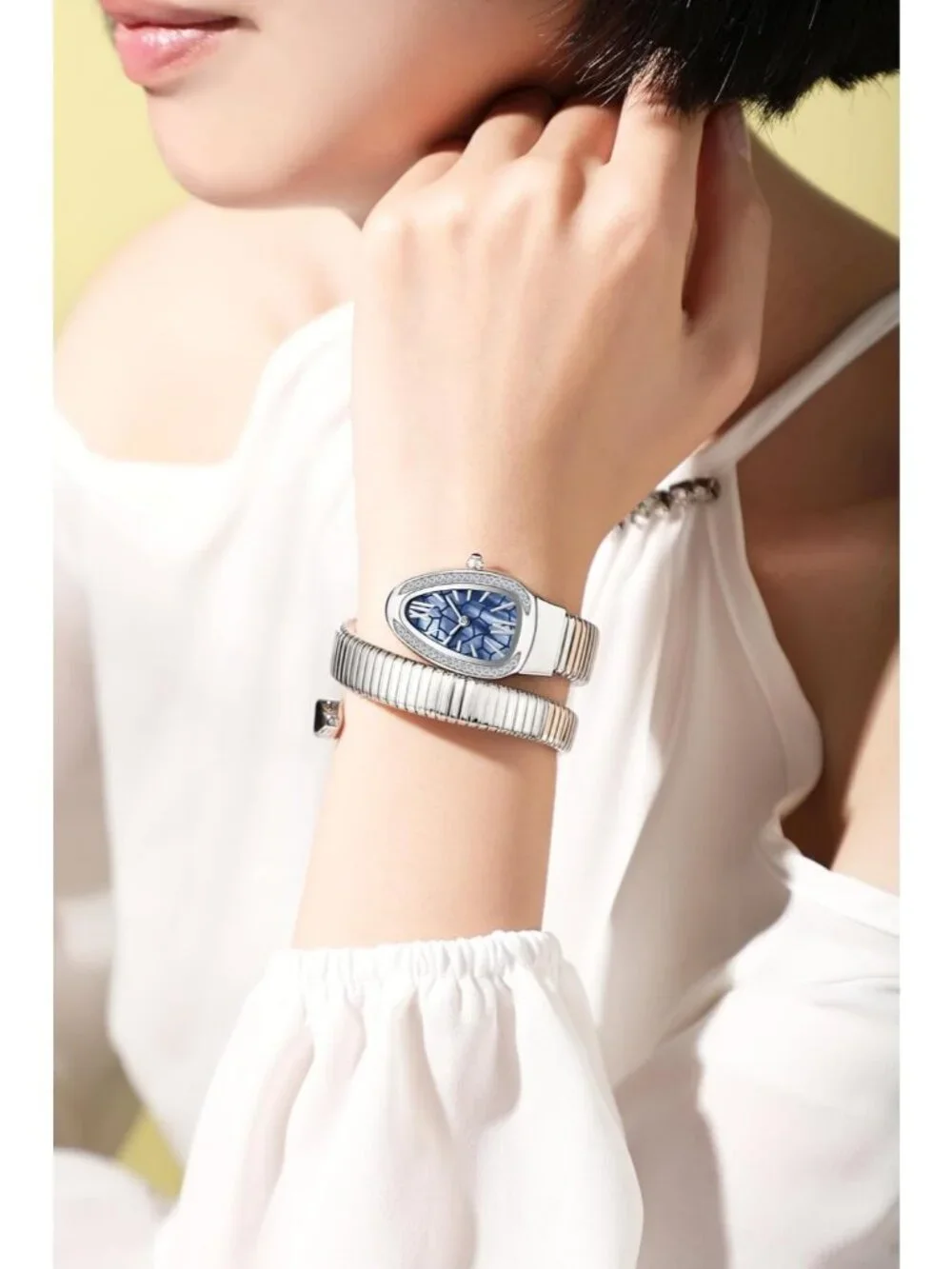 Women's Silver Blue Elegant Wrap Around Bangle Fashion Snake Cuff Wrist Watches